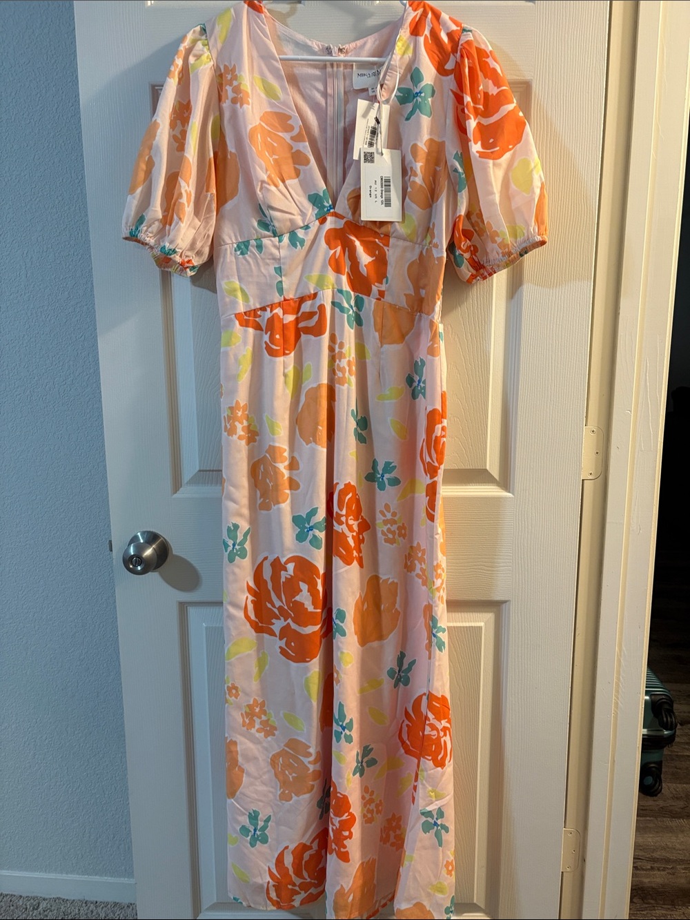 Floral V-Neck Maxi Dress with Puff Sleeves - Pink & Orange